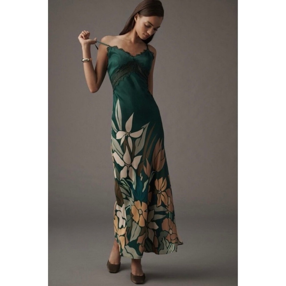 NWT Bl-NK London Bare V Neck Maxi Dress XXS Green Floral Satin Boho Resort